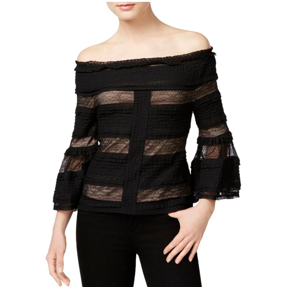 Rachel Roy Ruffled Black Off-The-Shoulder Crochet